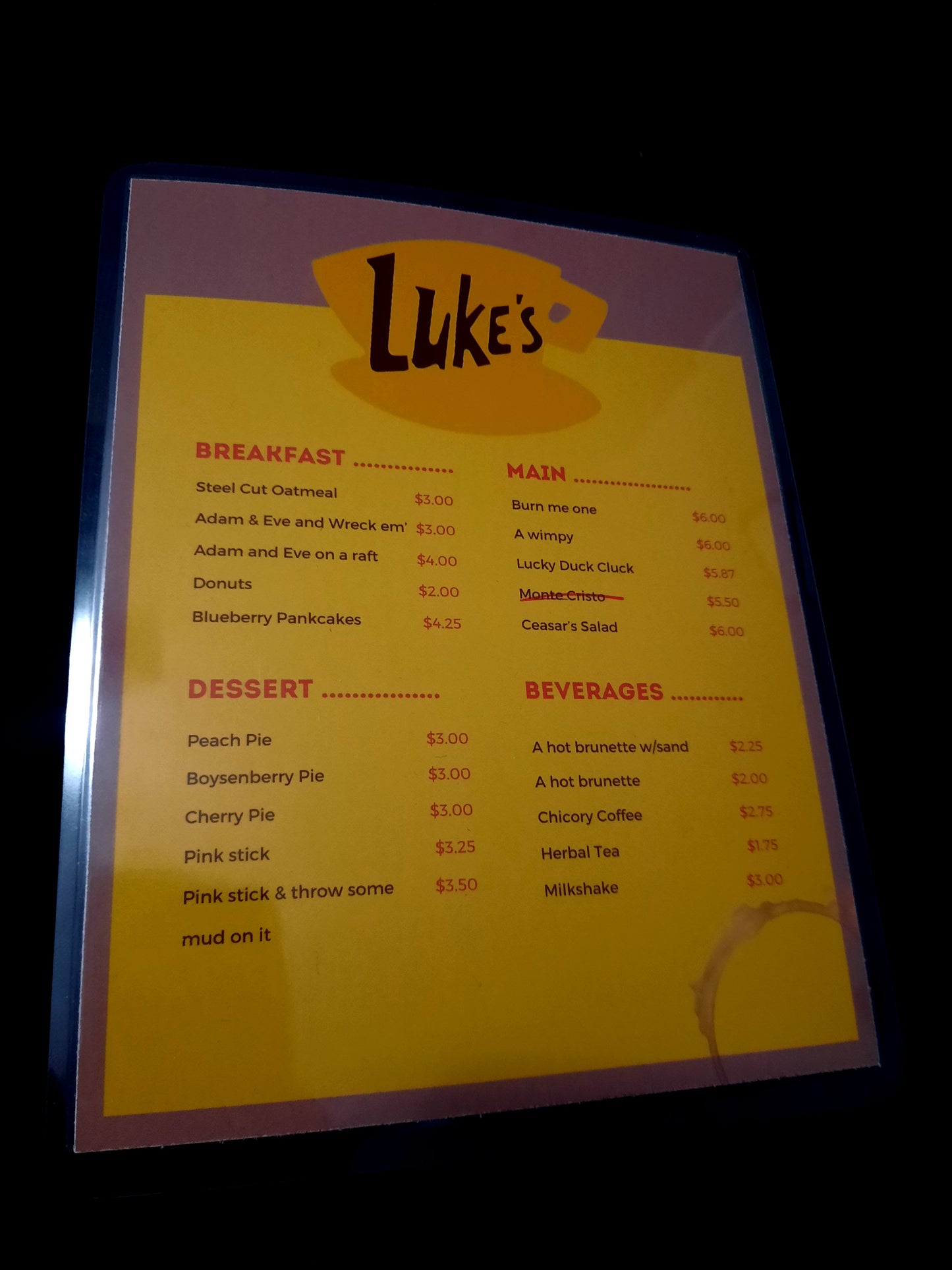 Luke's Diner Menu Gilmore Girls