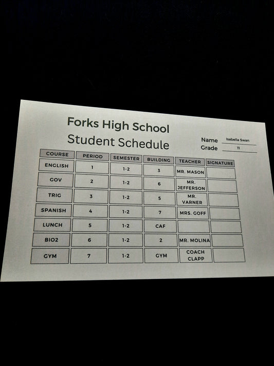 Bella Swan Forks High School Student Schedule