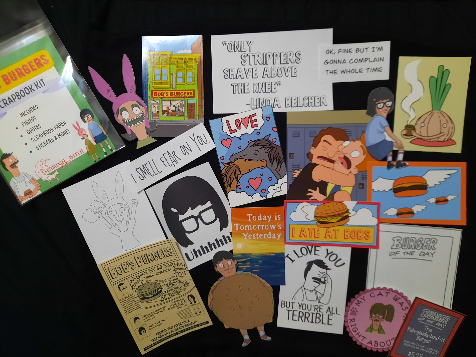 Bob's Burgers scrapbook kit. High quality photo, die cuts, quotes, and more.