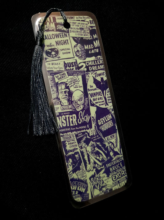 Decorative bookmark with vintage horror magazine cover design on a black background